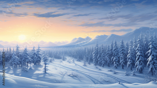 Cold winter freezing snowy landscape, background banner or wallpaper