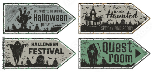 Halloween set of pointer posters for mystery party. Collection of posters with ghost, creepy house, coffin, bat and zombie hand for Halloween night