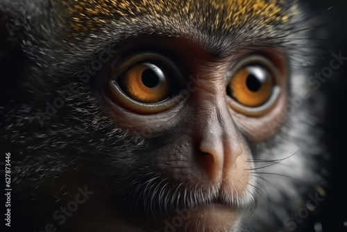 Portrait of a beautiful African Macaque in close-up Macro photography on dark background.  © Bnetto