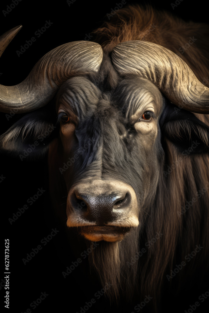 Portrait of a beautiful African Buffalo in close-up Macro photography on dark background. Portrait of a beautiful African Buffalo in close-up Macro photography on dark background.