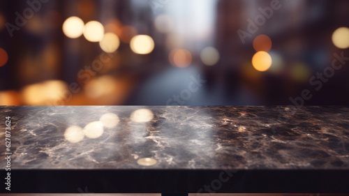 Dark marble table top with blurry background, for product display