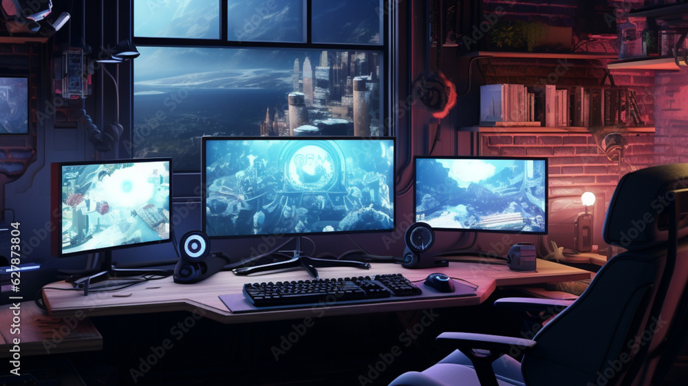 Gaming room with computer and wide monitor screen colorful neon lights, setup for e-sports Gaming room with computer and wide monitor screen colorful neon lights, setup for e-sports