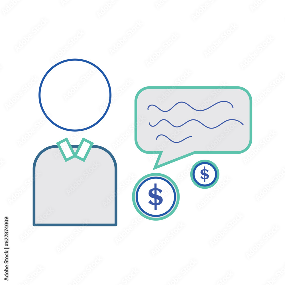 Businessman with a bubble chat and coins Isolated business icon Vector