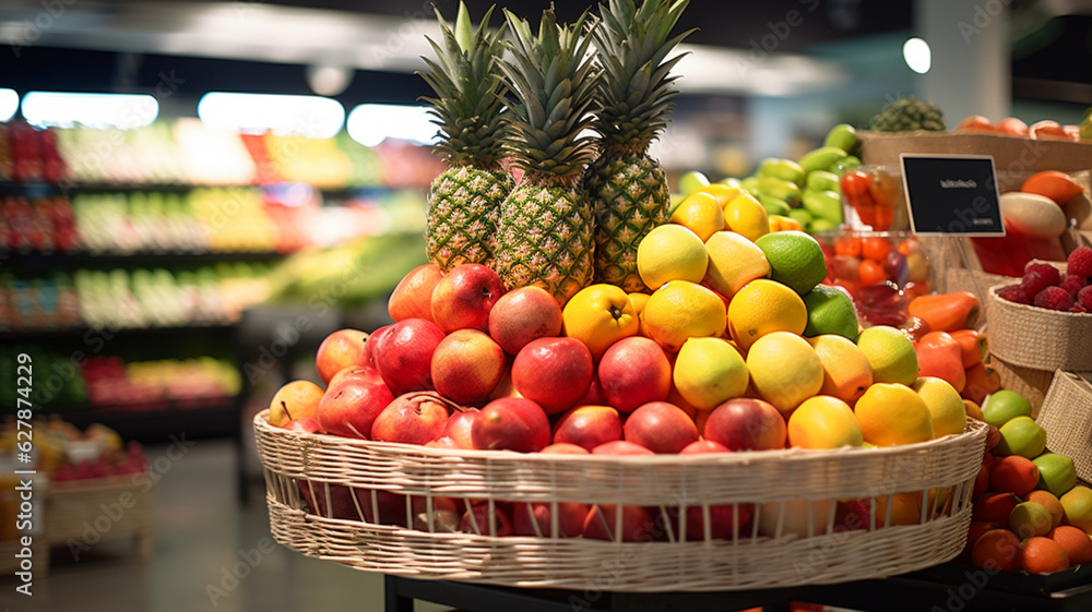 Fresh colorful fruits mix in basket on shelf in market or supermarket