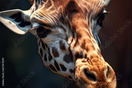 Portrait of a beautiful African Giraffe in close-up Macro photography on dark background. Generative AI.