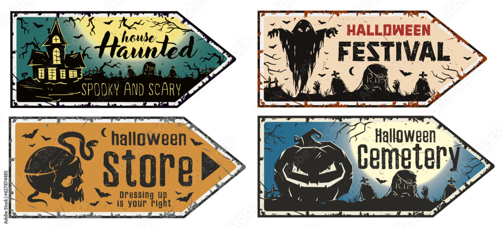 Halloween posters with fear home, ghost, pumpkin and skull. Pointer with night spooky haunted house and spirit for dark party design fo happy halloween