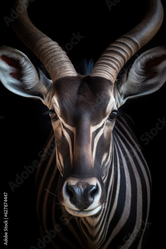 A portrait of a beautiful oryx or bighorn antelope facing the camera. 