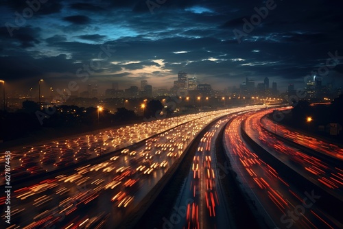 Traffic on a busy highway illuminated by glowing lights at night leading to a city. Traffic jam at dusk. Cars and trucks on a busy road. Generative AI © Paul