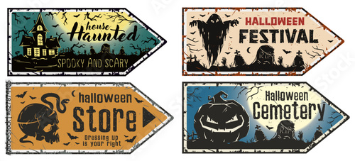 Halloween posters with fear home, ghost, pumpkin and skull. Pointer with night spooky haunted house and spirit for dark party design fo happy halloween