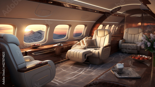 Luxury private jet indoor interior, seats and table, millionaire rich lifestyle © Artofinnovation