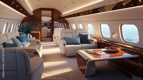 Luxury private jet indoor interior, seats and table, millionaire rich lifestyle
