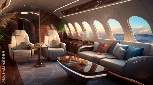 Luxury private jet indoor interior  seats and table  millionaire rich lifestyle