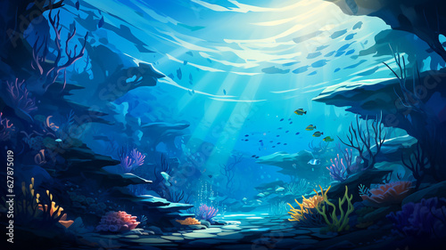 World ocean day, sea life fish illustration, concept of ecology and sustainable development