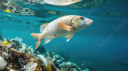 Fish and plastic pollution. Envrionmental problem - plastics contaminate seafood photo