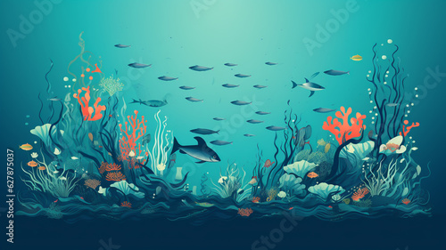 World ocean day, sea life fish illustration, concept of ecology and sustainable development
