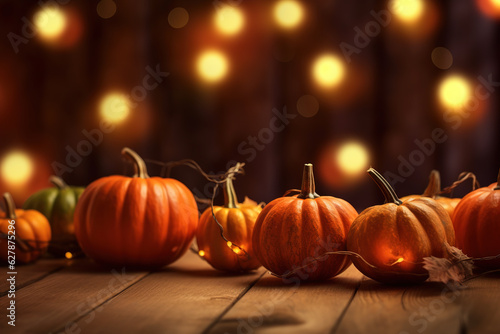 Autumn festive background with ripe pumpkins and glowing lights with bokeh effect. Generative AI.
