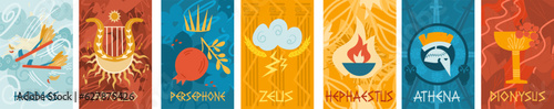 A set of posters depicting the gods and goddesses of ancient Greek mythology. Vector illustration photo