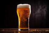 Glass of fresh and cold beer on dark background 