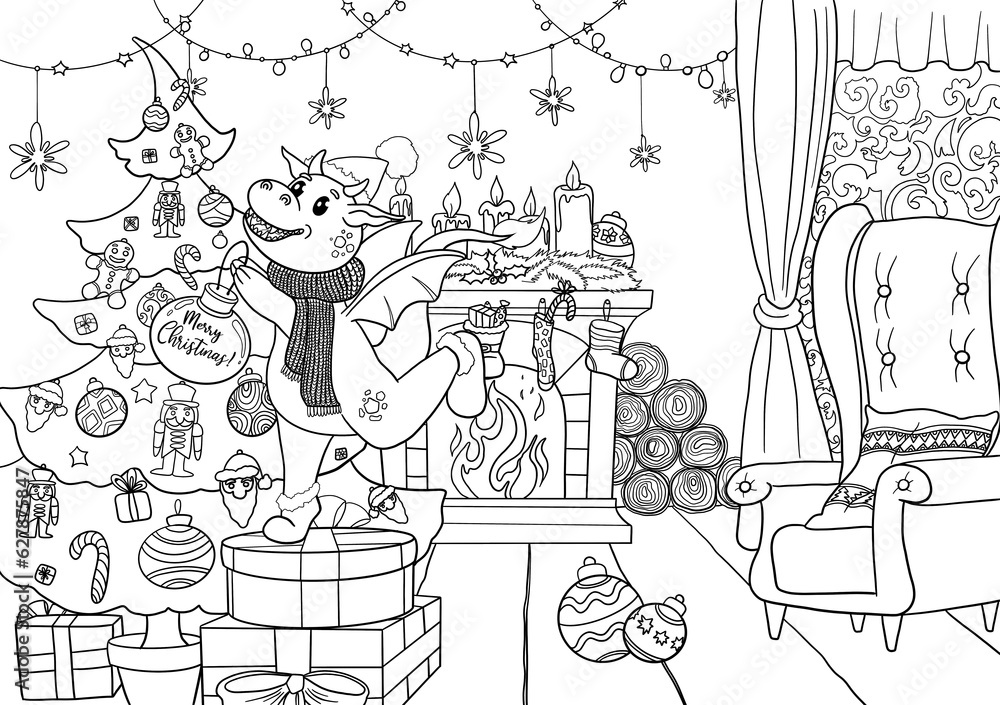 Cute Dragon coloring page Christmas illustration. Hand drawn outline
