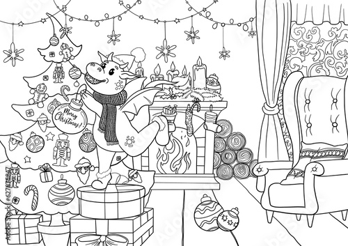 Cute Dragon coloring page Christmas illustration. Hand drawn outline artwork of a cartoon dragon with Christmas tree and decoration in a room with a fireplace detailed kids and adult coloring page.