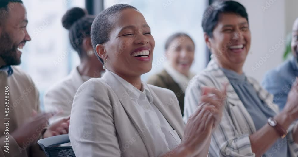 Business people, clapping or happy audience at a seminar or workshop for success in conference event. Applause, men or group of women laughing in crowd in convention for training or presentation goal Business people, clapping or happy audience at a seminar or workshop for success in conference event. Applause, men or group of women laughing in crowd in convention for training or presentation goal