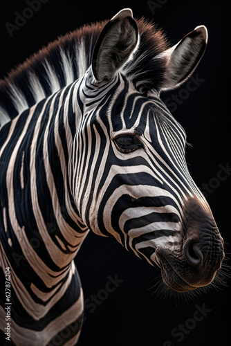Portrait of a beautiful African Zebra in close-up Macro photography on dark background.  © Bnetto