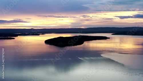 Dangar island on Lake Macquarie Australian Pacific coast in aerial sunset 4k.
 photo