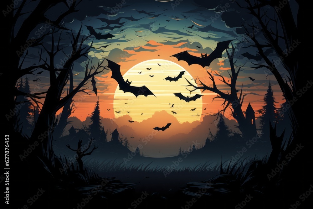 Cartoon background with bats. Halloween concept. Backdrop with selective focus and copy space