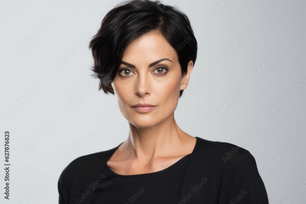 Portrait of an adult successful woman on a light background with selective focus and copy space. AI generated Portrait of an adult successful woman on a light background with selective focus and copy space. AI generated