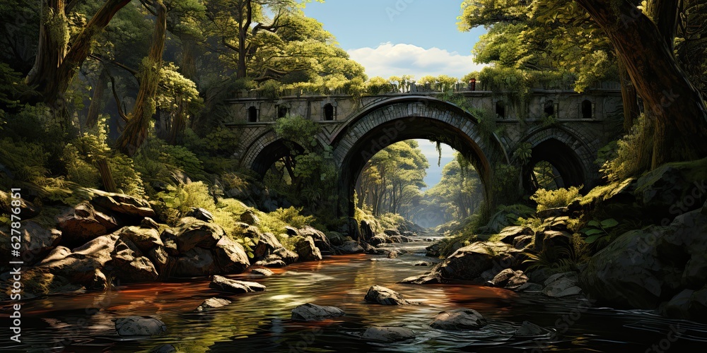 Fototapeta premium illustration of stone bridge in forest, generative AI