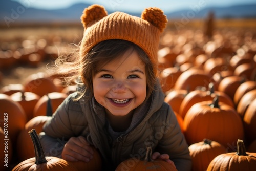 A child in a field with pumpkins. Halloween concept. Background with selective focus and copy space
