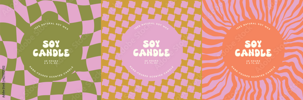 Naklejka premium Soy candle vector label design templates with groovy flowers background