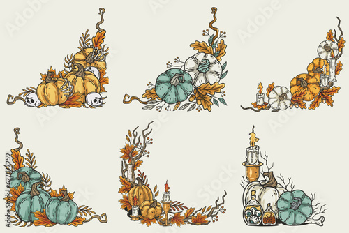 Halloween autumn set of corners with pumpkin and leaves. Happy halloween composition for poster design. Festive invitation and postcard
