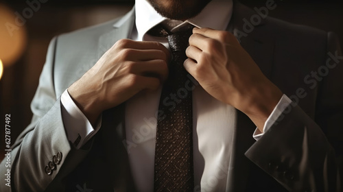 A Businessman is fixing his tie