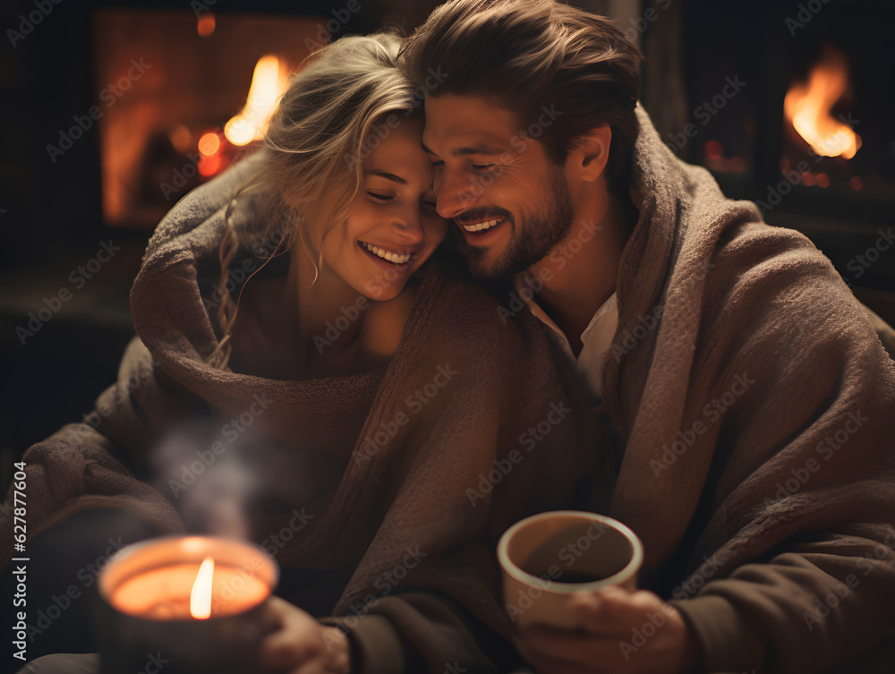 Cozy Autumn Vibes - Smiling Couple Wrapped in Blankets, Sipping Hot Cocoa by a Crackling Fireplace Cozy Autumn Vibes - Smiling Couple Wrapped in Blankets, Sipping Hot Cocoa by a Crackling Fireplace