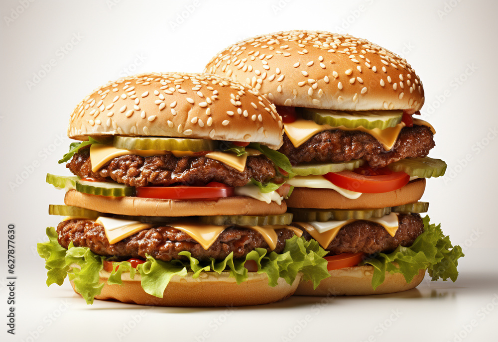 Double hamburger isolated on white background Fresh burger fast food with beef and cream cheese realistic image, ultra hd, high design very detailed Double hamburger isolated on white background Fresh burger fast food with beef and cream cheese realistic image, ultra hd, high design very detailed