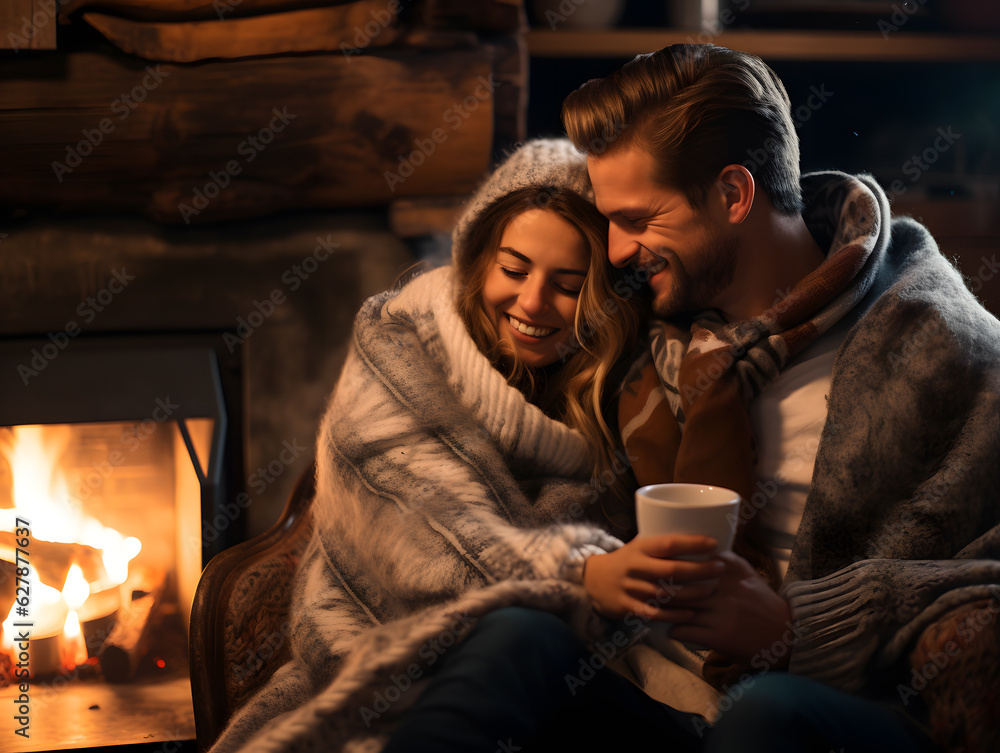 Cozy Autumn Vibes - Smiling Couple Wrapped in Blankets, Sipping Hot Cocoa by a Crackling Fireplace Cozy Autumn Vibes - Smiling Couple Wrapped in Blankets, Sipping Hot Cocoa by a Crackling Fireplace