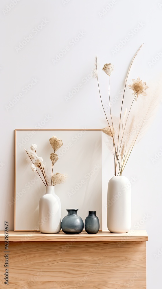 Minimal decorative vases with dry flowers on a furniture piece illustration made with Generative AI 
