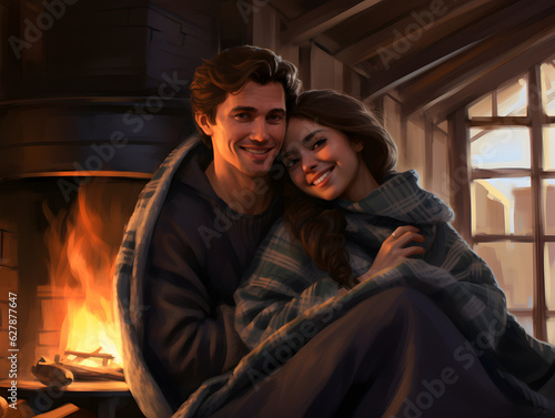 Cozy Autumn Vibes - Smiling Couple Wrapped in Blankets, Sipping Hot Cocoa by a Crackling Fireplace