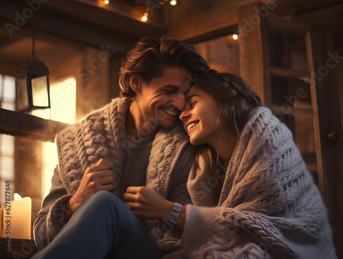 Cozy Autumn Vibes - Smiling Couple Wrapped in Blankets, Sipping Hot Cocoa by a Crackling Fireplace