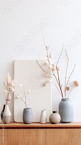 Minimal decorative vases with dry flowers on a furniture piece illustration made with Generative AI  © Santasombra