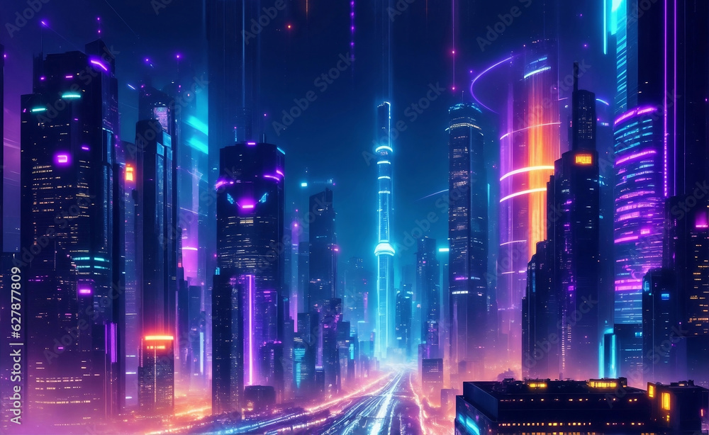 Cyber future cityscape at night, Generative AI Illustration.