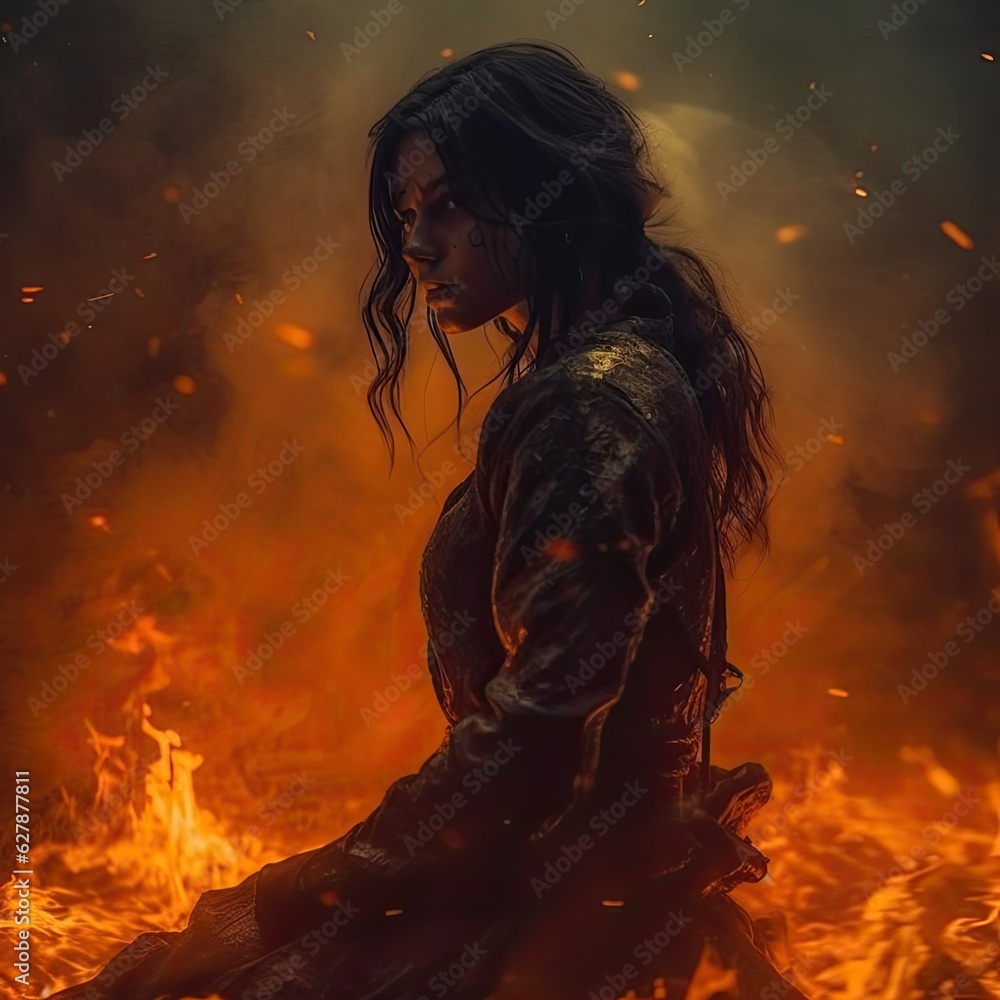 Fiery Terror: Woman in the Battle of Fire, Smoke, and Fear on a Dreadful Halloween Night, Generative AI