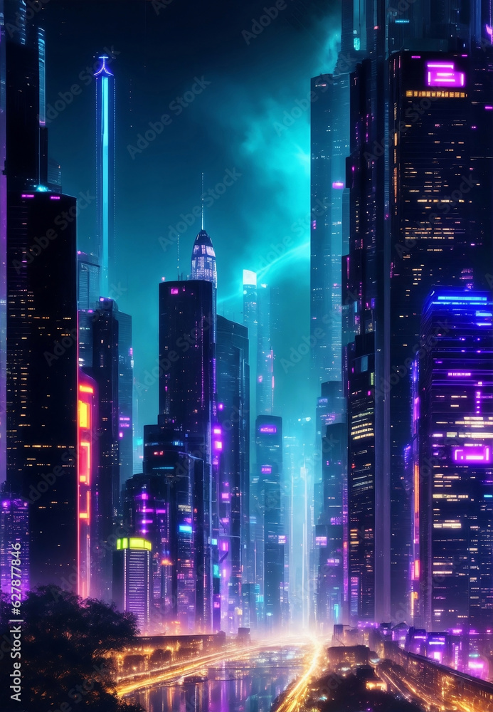 Cyber future cityscape at night, Generative AI Illustration.