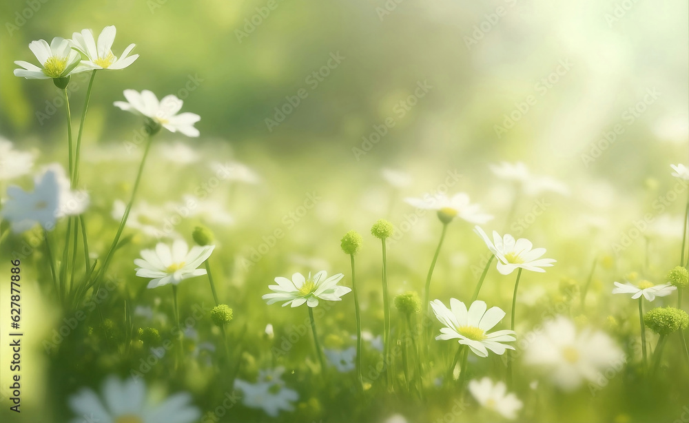 Flowers meadow with warm sunlight, Generative AI Illustration. Flowers meadow with warm sunlight, Generative AI Illustration.