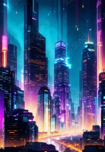 Cyber future cityscape at night, Generative AI Illustration.