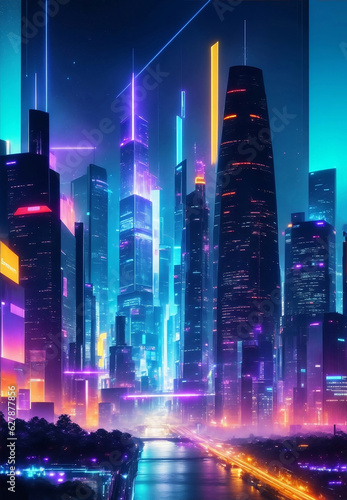 Cyber future cityscape at night  Generative AI Illustration.