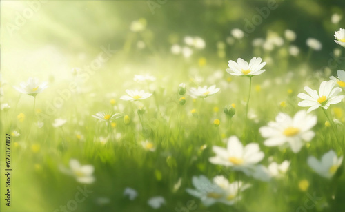 Flowers meadow with warm sunlight, Generative AI Illustration.