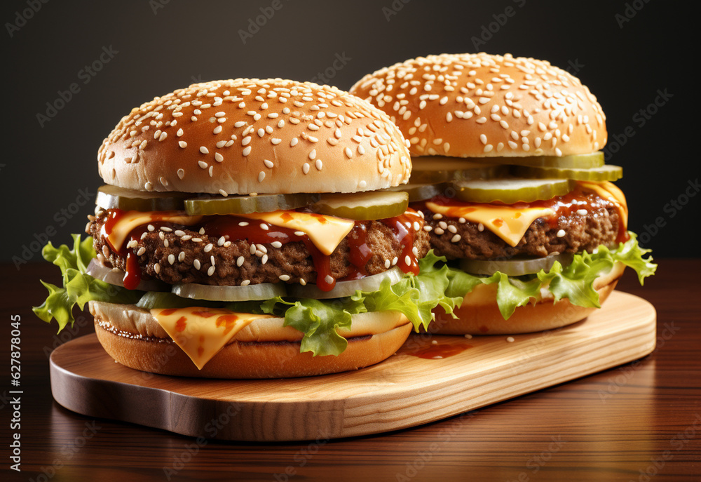 Double hamburger isolated on white background Fresh burger fast food with beef and cream cheese realistic image, ultra hd, high design very detailed Double hamburger isolated on white background Fresh burger fast food with beef and cream cheese realistic image, ultra hd, high design very detailed