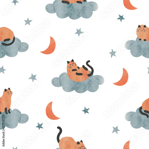 Seamless pattern with cute cartoon cats on clouds. Vector illustration for kids